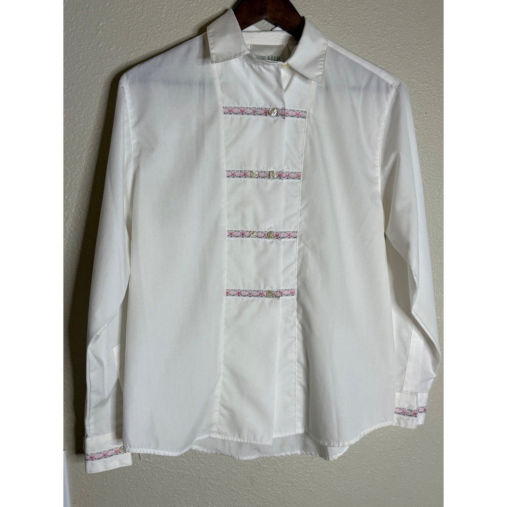 Van Heusen For Her White Blouse Pink Floral Ribbon Trim Vintage Small